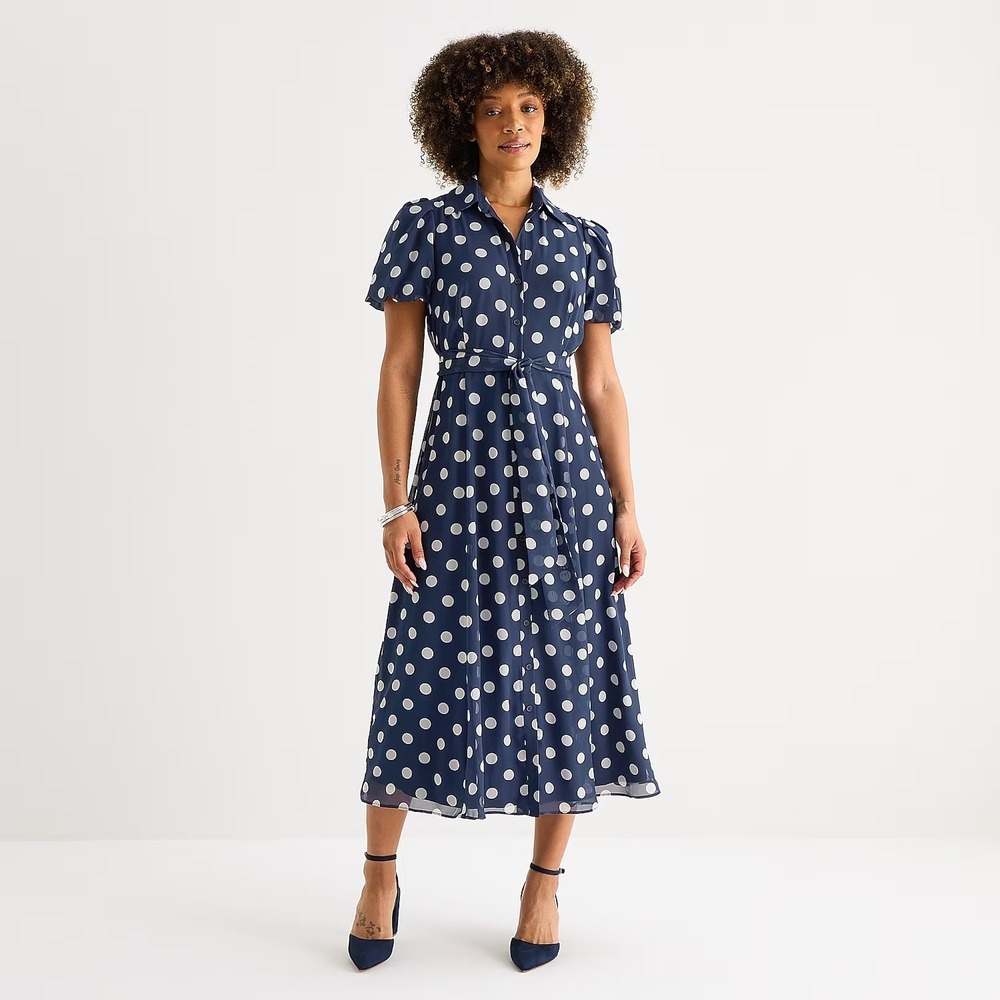 MSRP $89 52Seven Womens XL Navy White Dots Short Sleeve Midi Shirt Dress